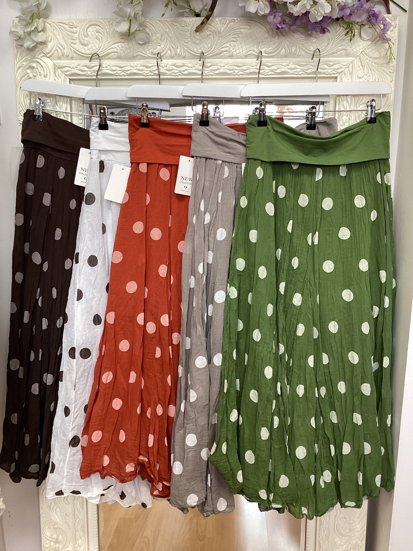 Gia Polka Dot Cotton Maxi Skirt with Fold-Over Waistband |Boho Maxi
