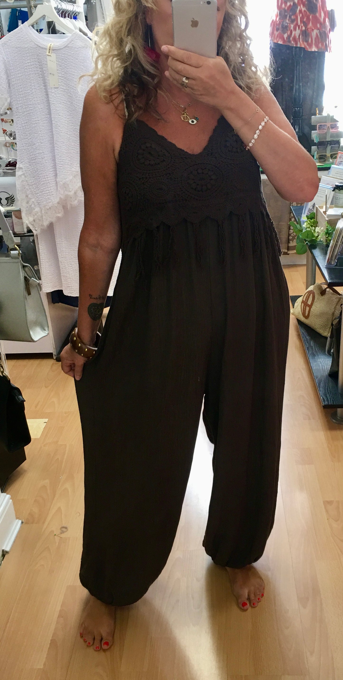 Cleo jumpsuit with crochet detail & cuffed trouser detail