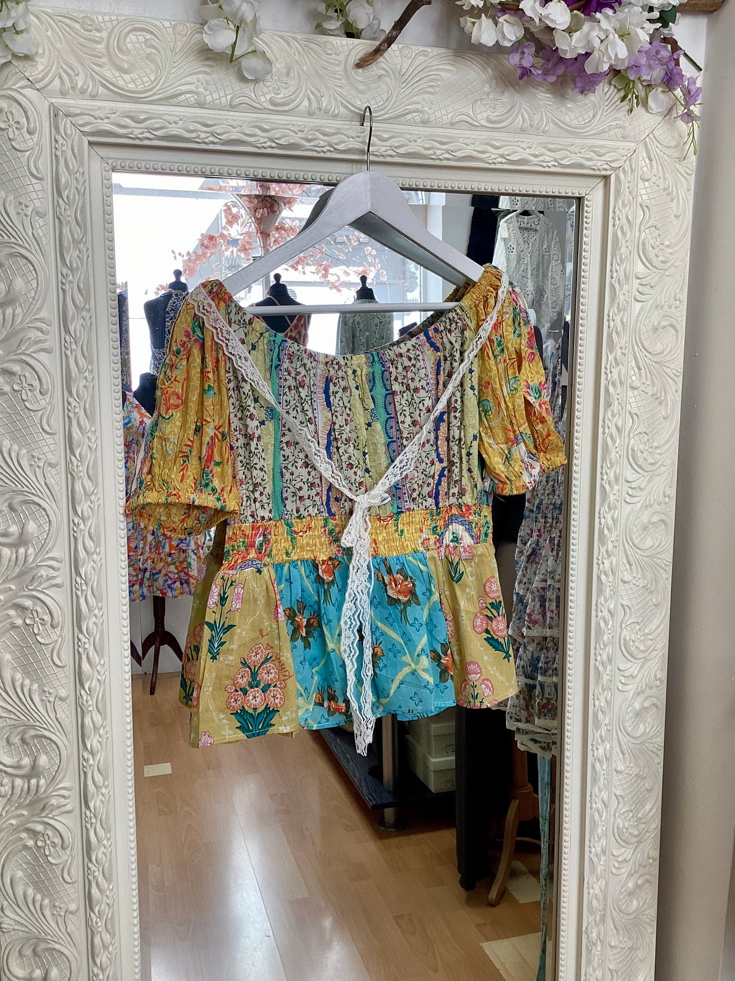 NJ Couture Beatnik Philosophy- Blue & Yellow Boho Lace Top size L NJC24