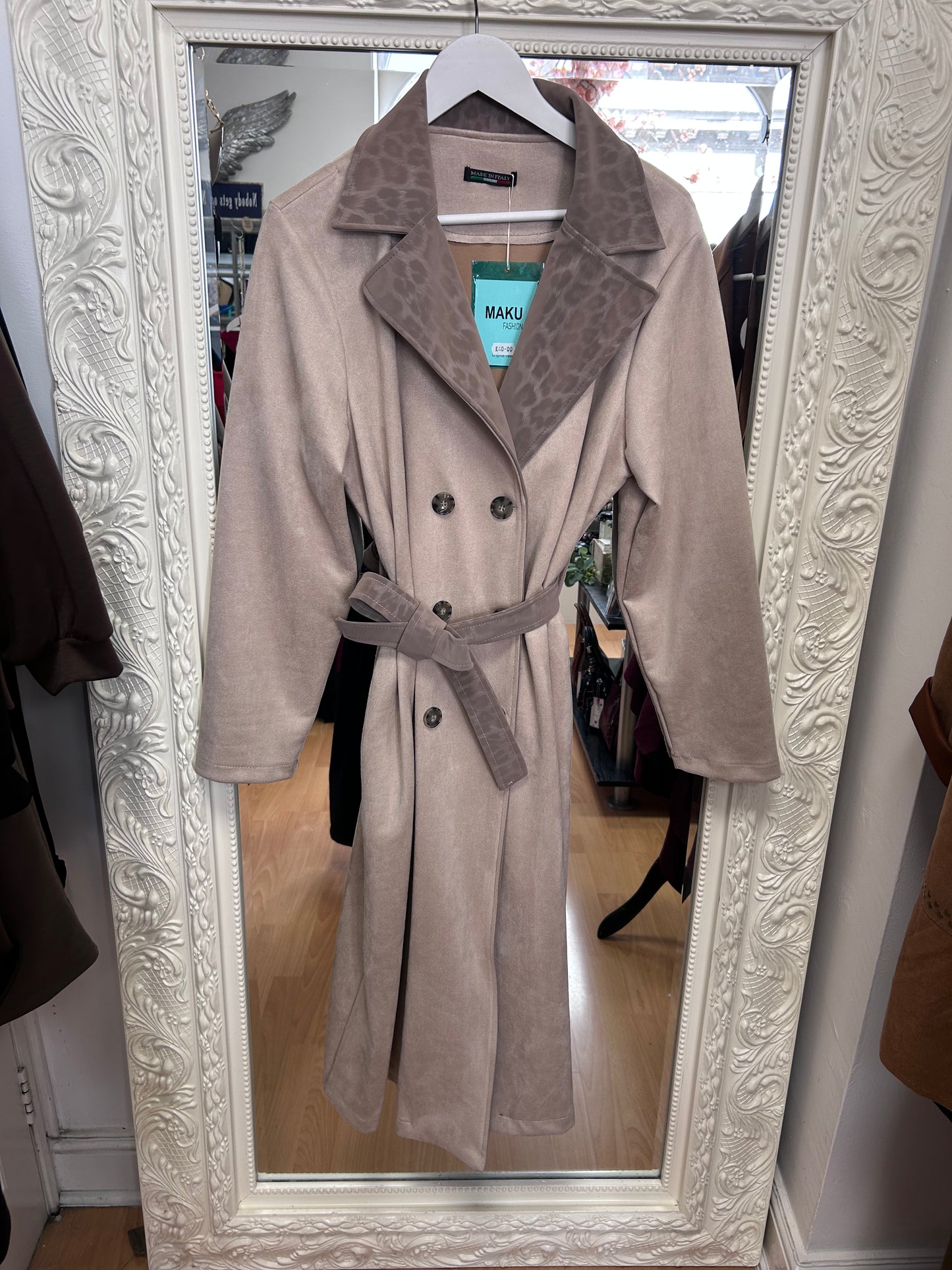 Maku - Leopard Detail Suede-Look Belted Trench Coat – Fits Up To 16