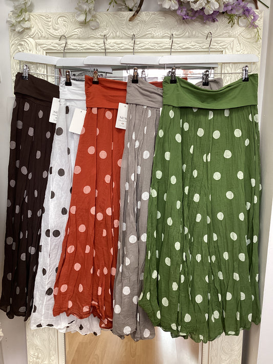 Gia Polka Dot Cotton Maxi Skirt with Fold-Over Waistband |Boho