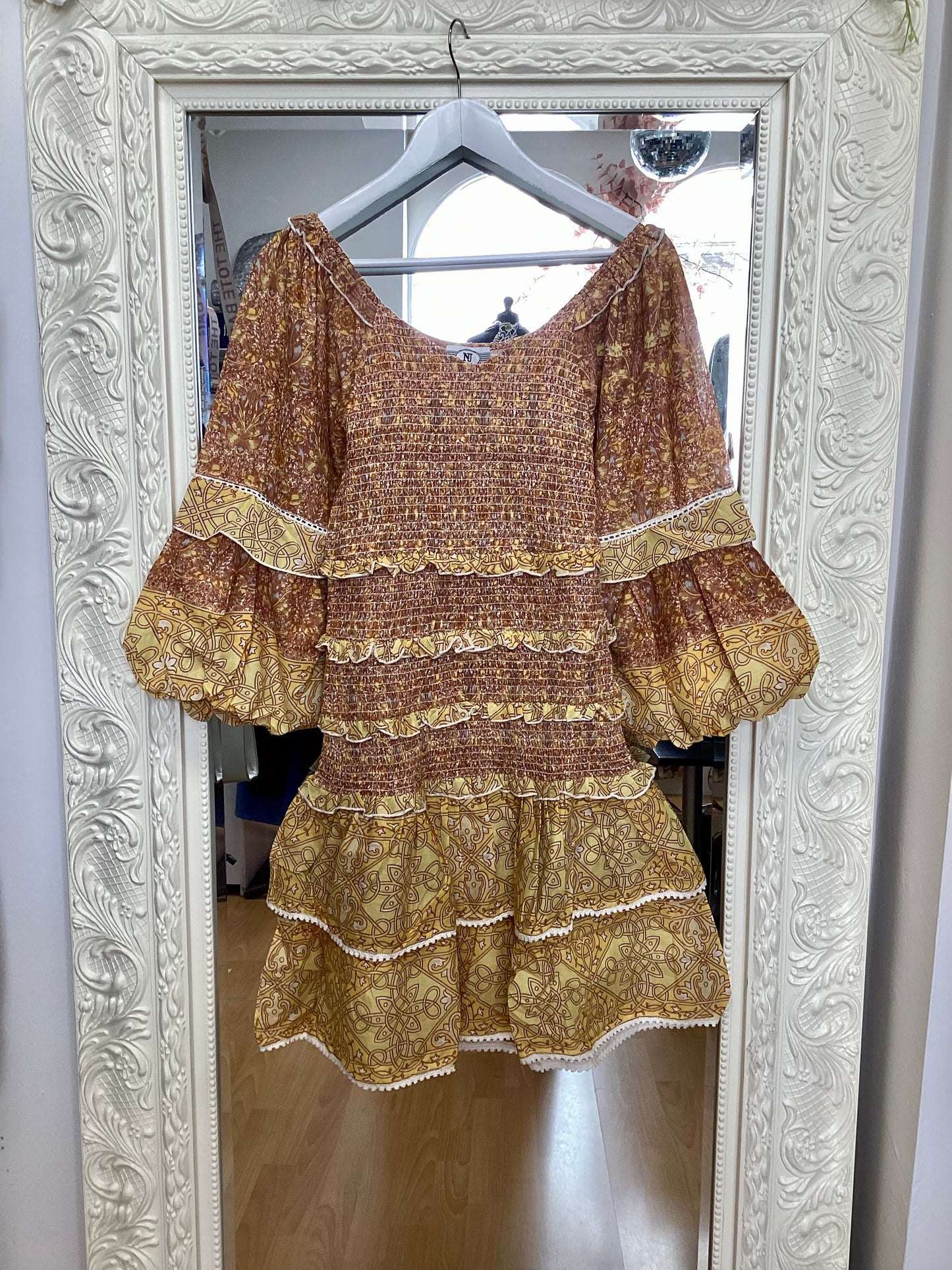 NJ Couture - Boho Shirred Mini Dress Mustard Boho Shirred size L NJC25