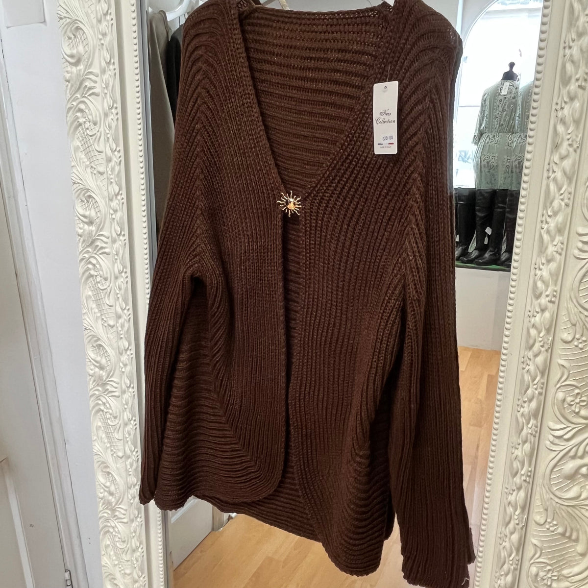 Tina - Statement Gold Brooch Clasp Knitted Cardigan – Fits 12-18 Cardi