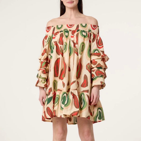 Aara Off-The-Shoulder Ruffled Mini Dress in Abstract Print