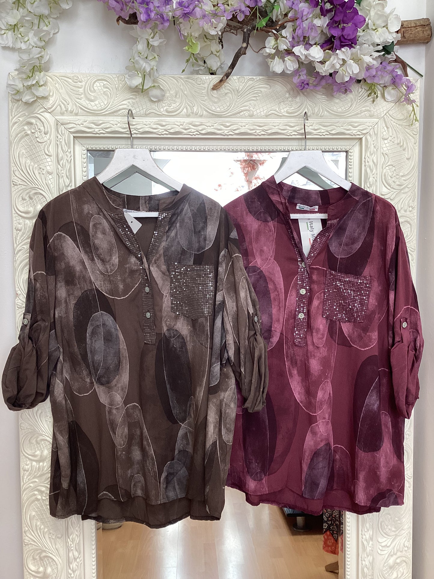 Rianna - Abstract Circle Print Blouse - Sequin Trim Pocket Tunic Top