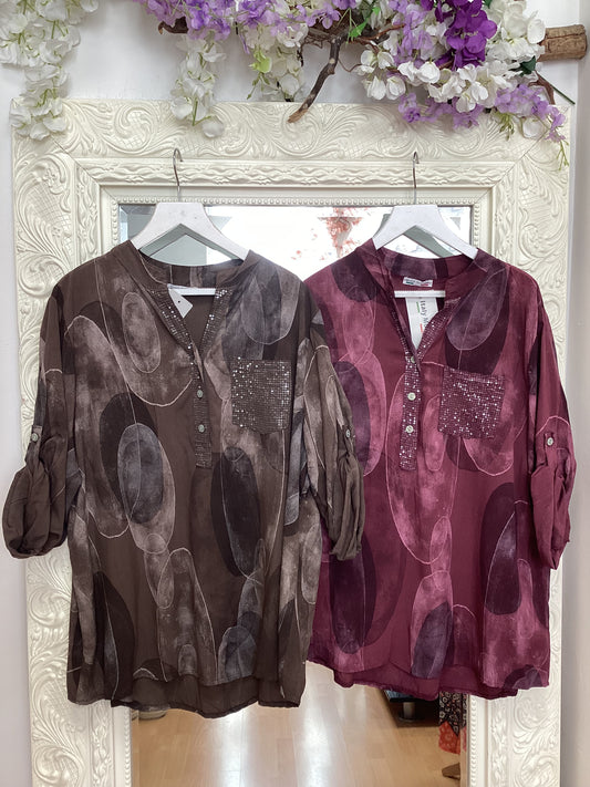 Rianna - Abstract Circle Print Blouse - Sequin Trim Pocket Tunic Top