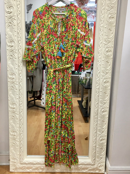 NJ Couture BAROK wrap Floral Maxi Tiered Ruffle Tassel Dress - NJCB8