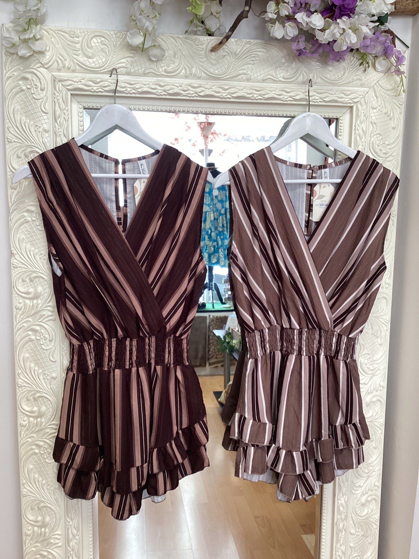 Cameron - Sleeveless Vertical Stripe with Smocked Waist & Ruffle Hem Playsuit
