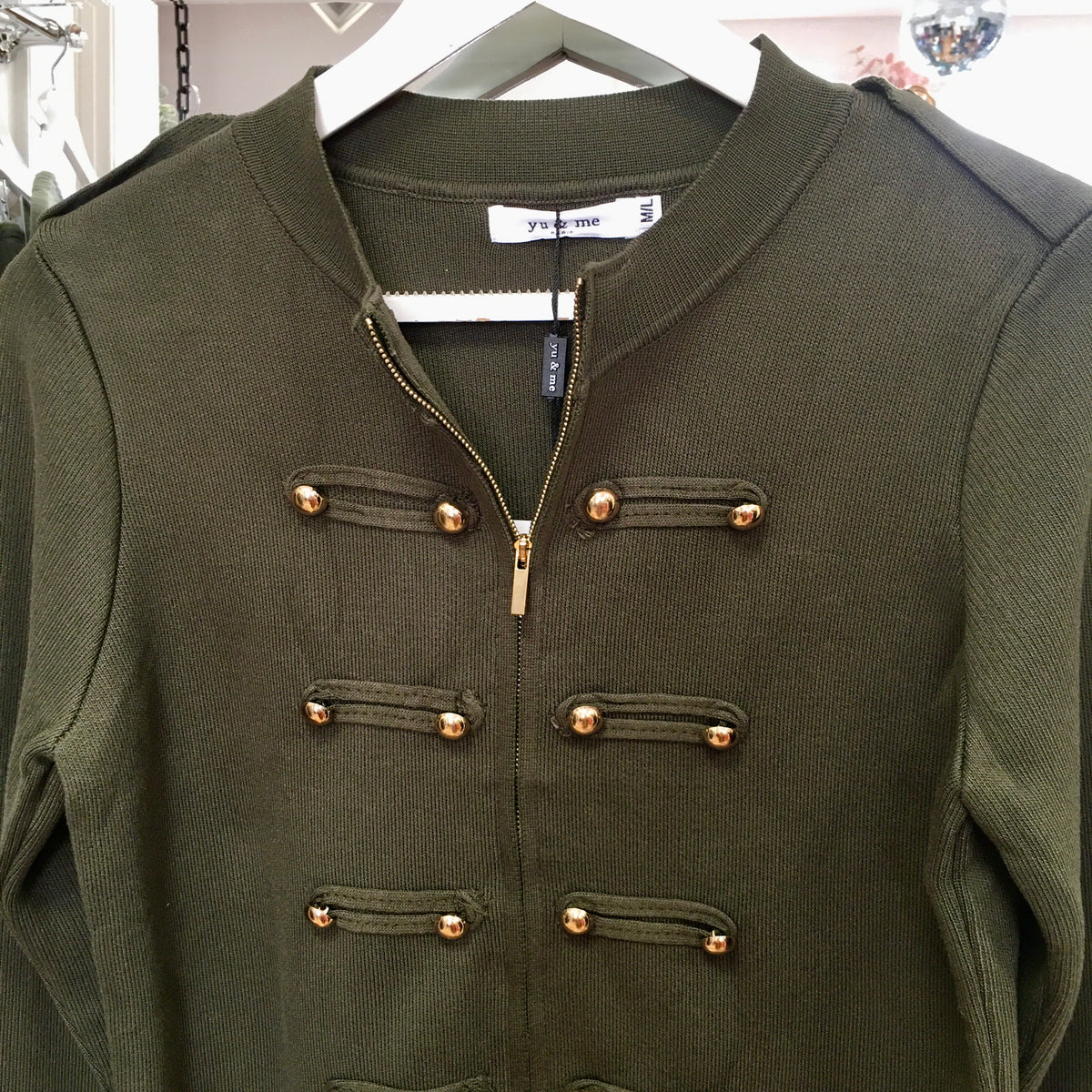 Evelyn zip up cardi/jacket with gold button detail