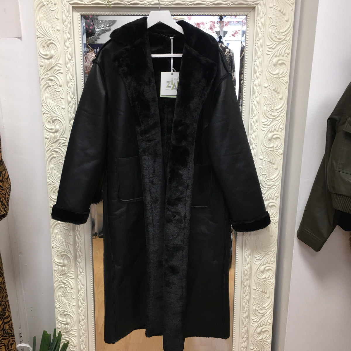 Zoe full length faux leather/fur coat
