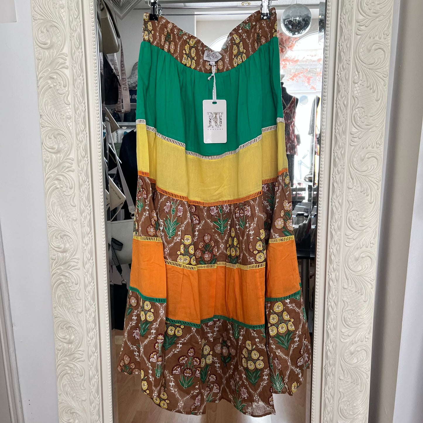 NJ Couture Green, Yellow & Chocolate Tiered Maxi Skirt – Size L NJCB20