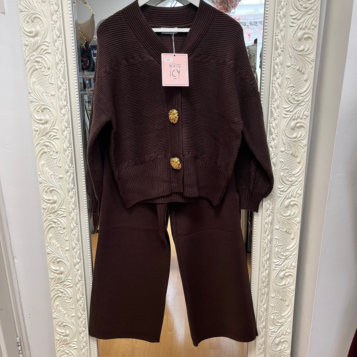 Jessica - Gold Button Knitted Cardigan & Wide Leg Trouser Co-ord Set