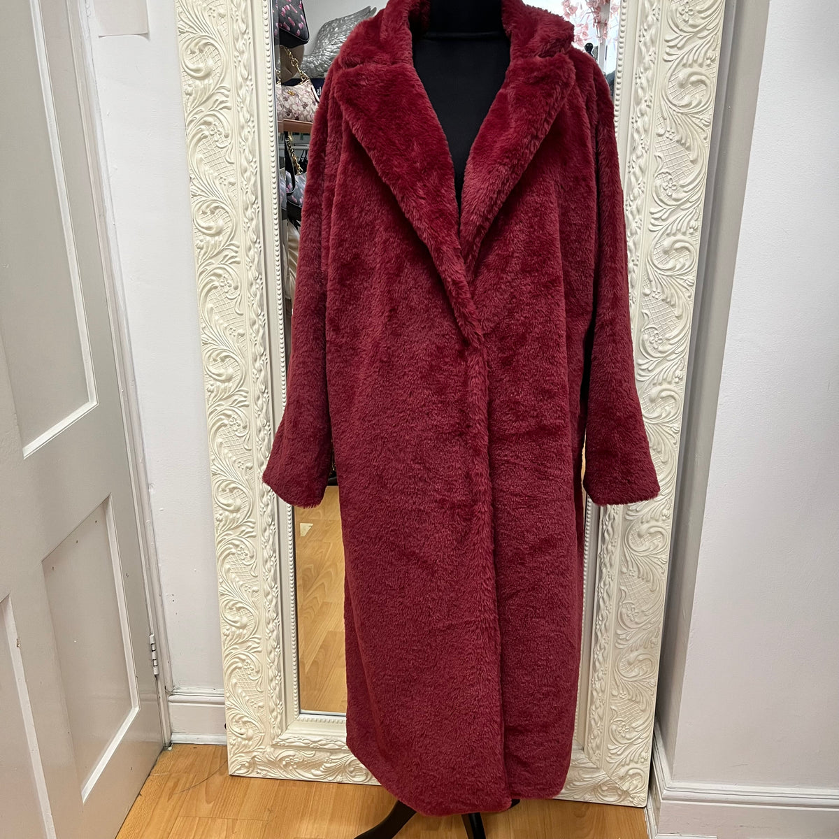 FFXXL1 Wine Longline Faux Fur Teddy Coat – XXL
