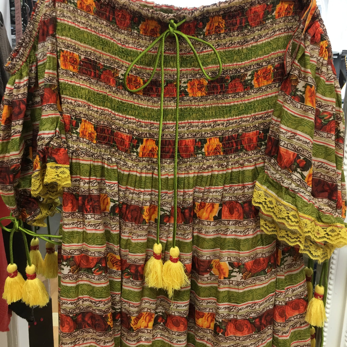NJ Couture BAROK Striped Rose Print Off-the-Shoulder Smocked Boho Maxi Dress NJCB9