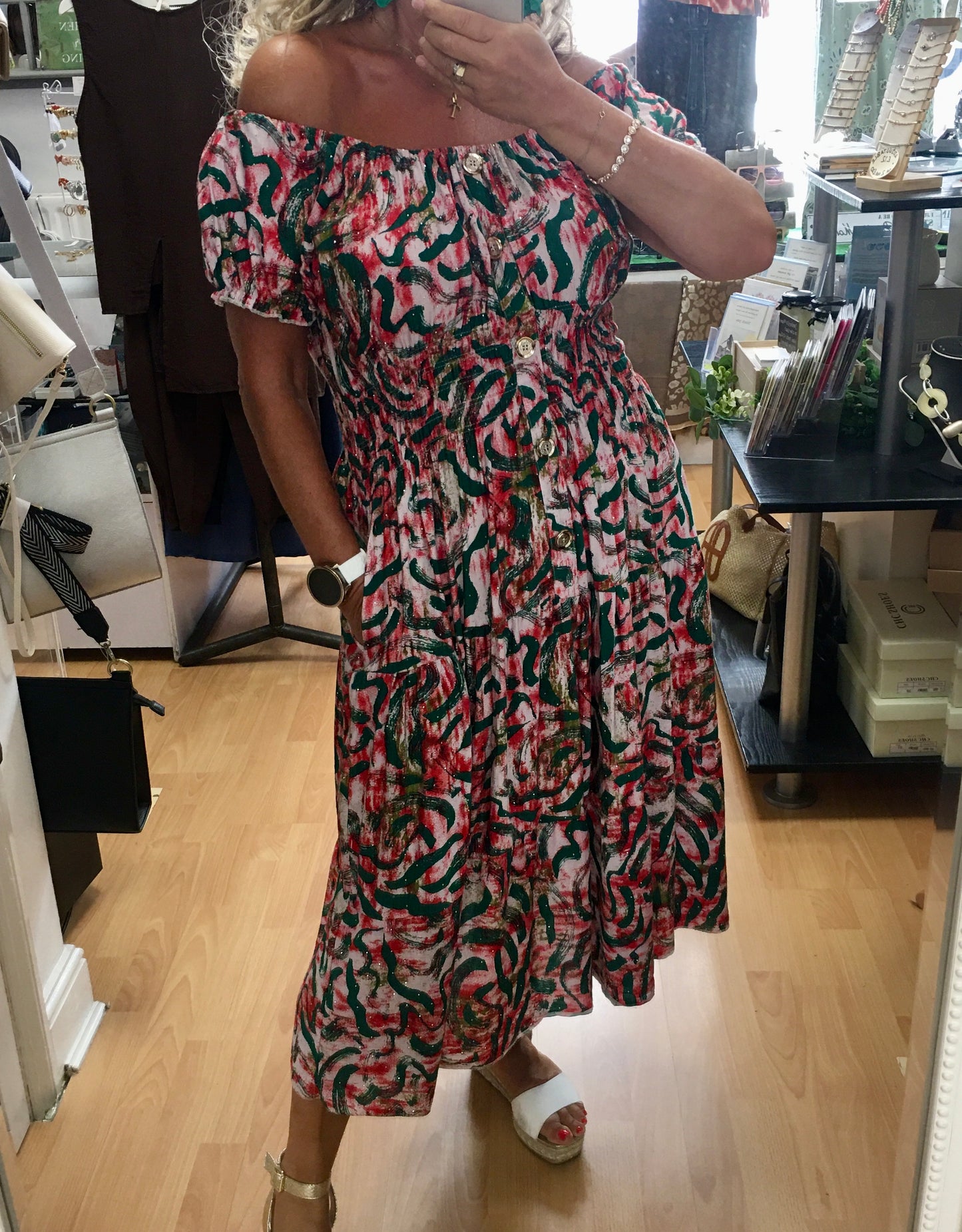 Saffron bardot midi dress with sparkle detail