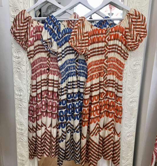 Saffron Retro Geometric Smocked Midi Dress with Button Detail Dress