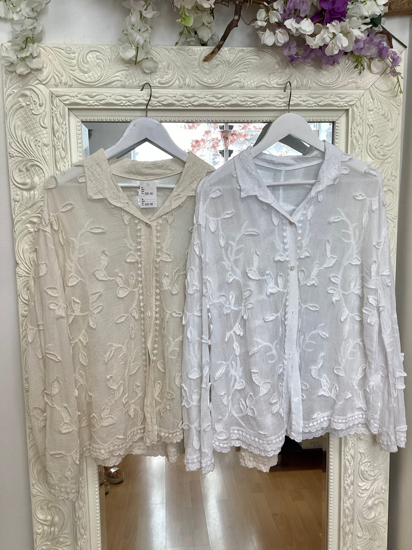 Kelly Textured Leaf Appliqué Blouse - Sheer Crochet Trim Button Down Shirt
