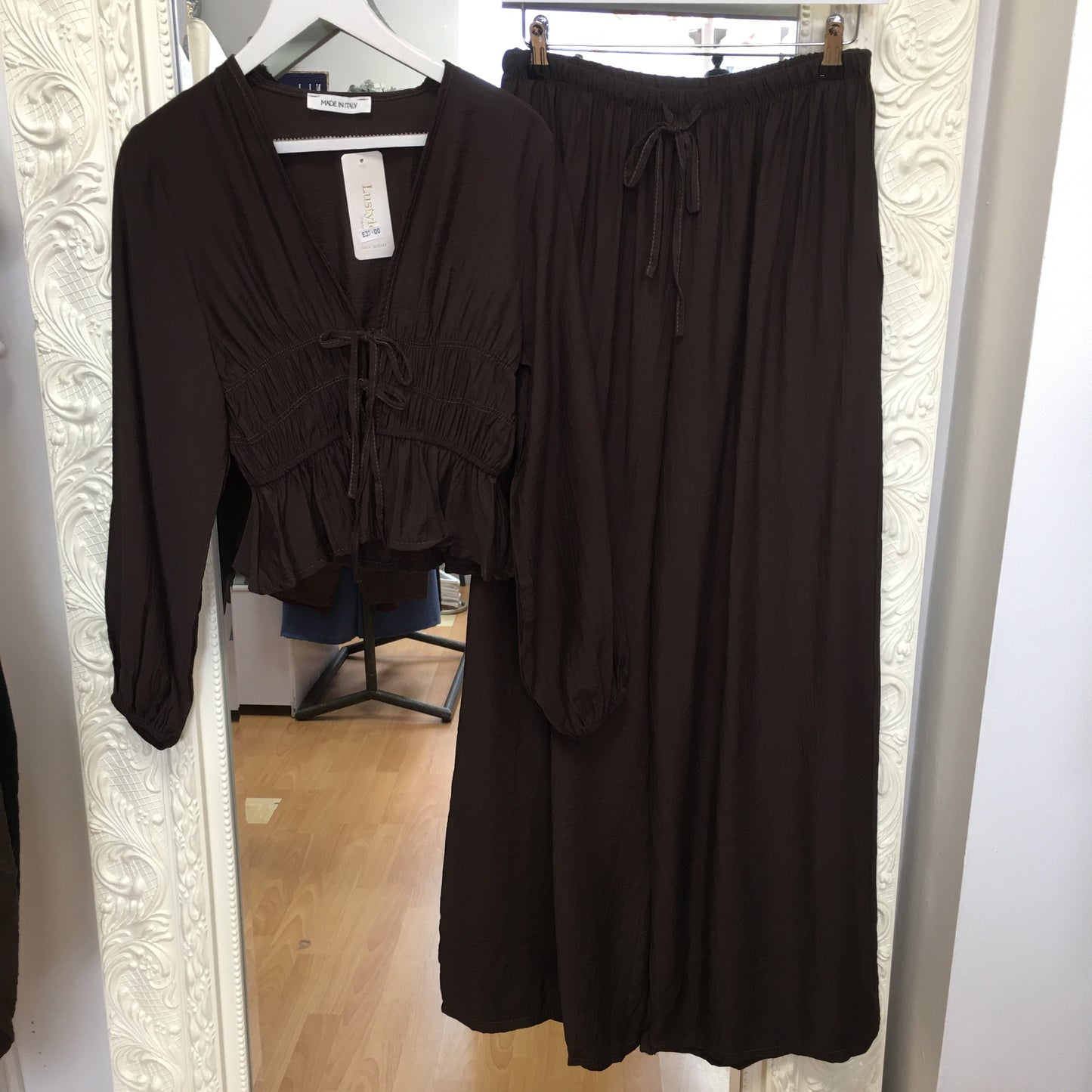 Shelly long sleeved co ord with elasticated front ruching & ties