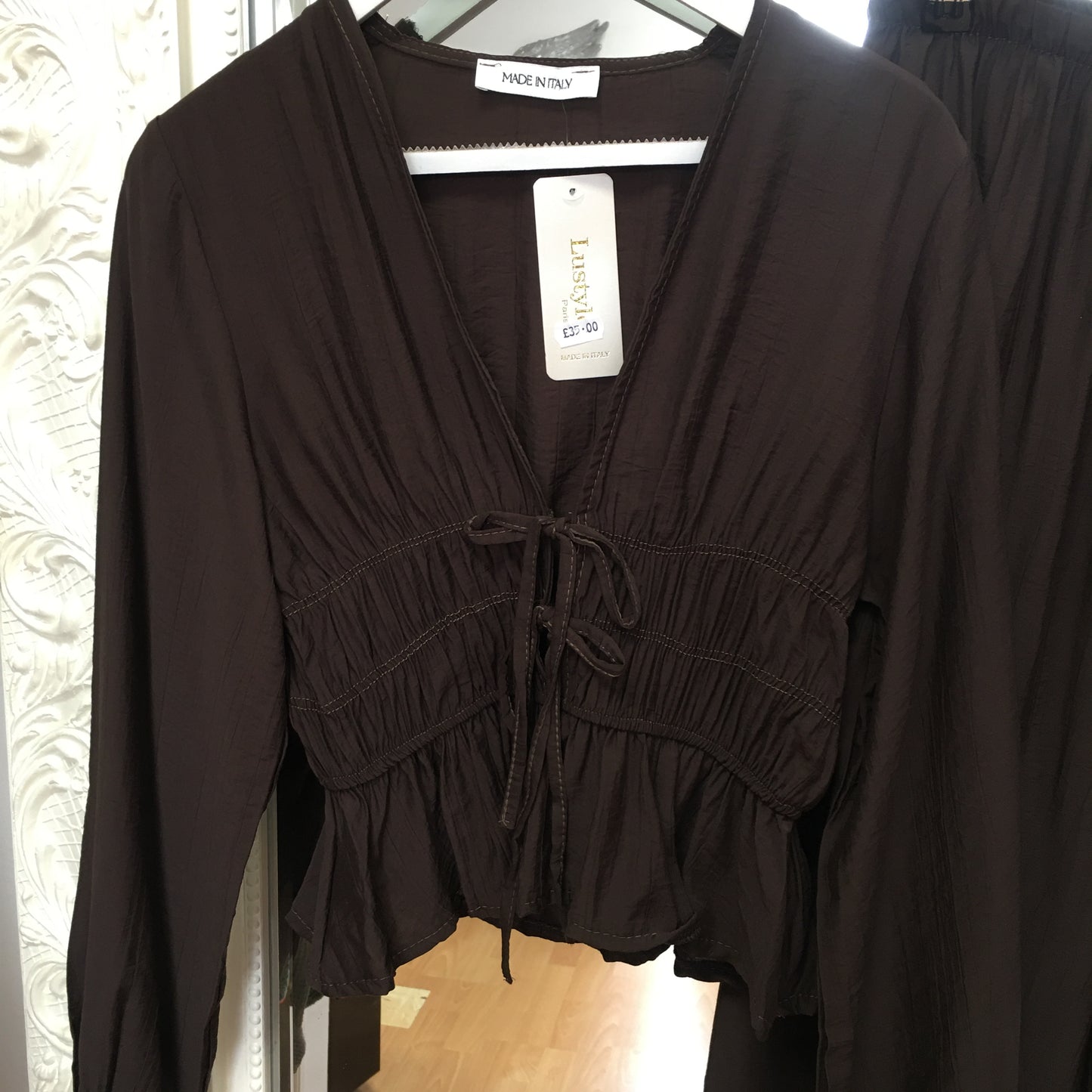 Shelly long sleeved co ord with elasticated front ruching & ties