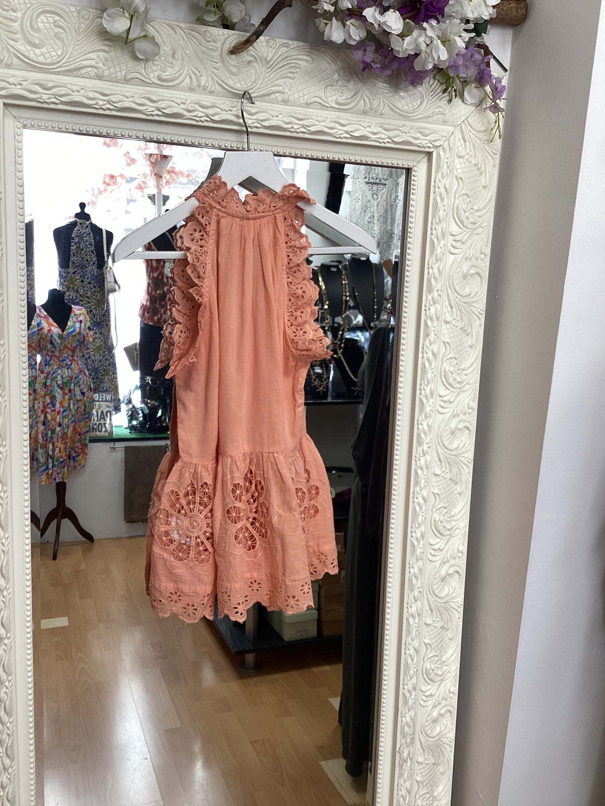 NJ Couture Beatnik Philosophy- Peach Broderie Anglaise Frill Top size S NJC28