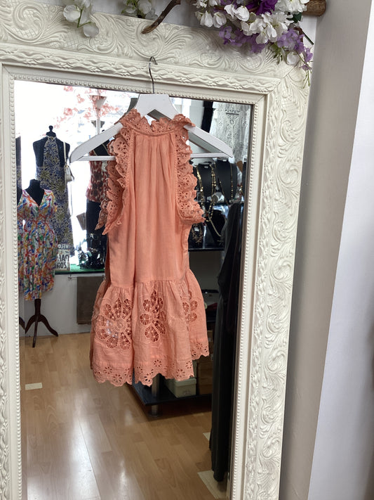 NJ Couture Beatnik Philosophy- Peach Broderie Anglaise Frill Top size S NJC28