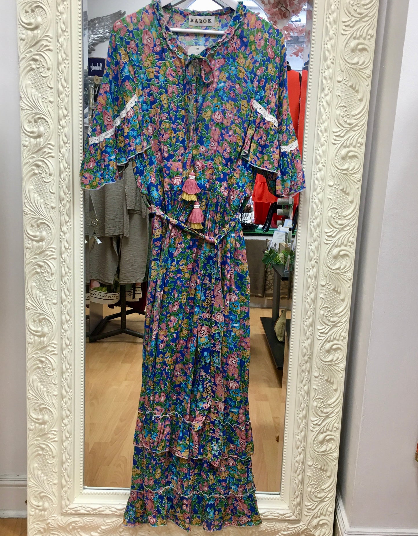NJ Couture BAROK wrap Floral Maxi Tiered Ruffle Tassel Dress - NJCB8