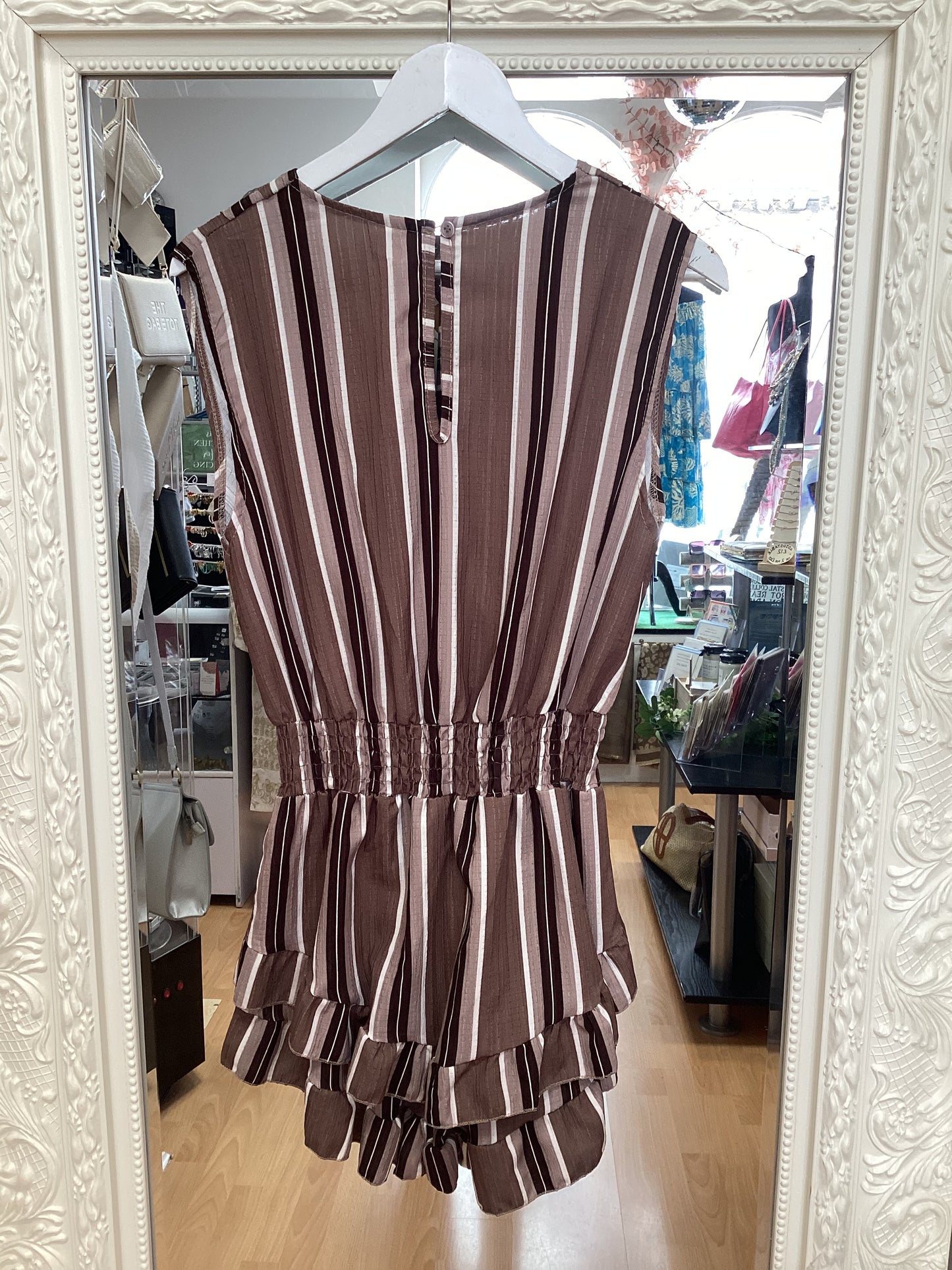 Cameron - Sleeveless Vertical Stripe with Smocked Waist & Ruffle Hem Playsuit