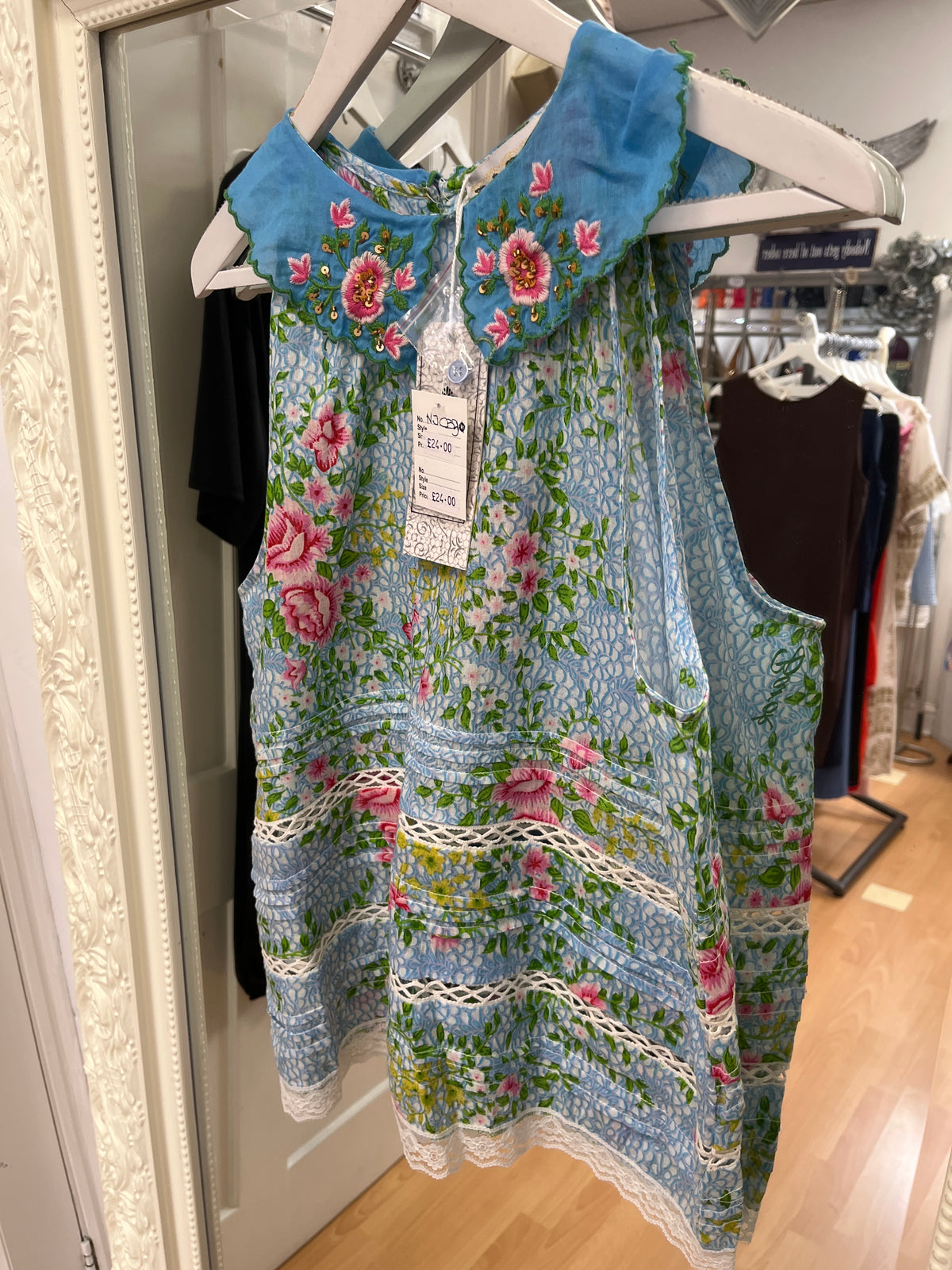NJ Couture BAROK Blue Floral Embroidered Collar Tunic Top NJCB30