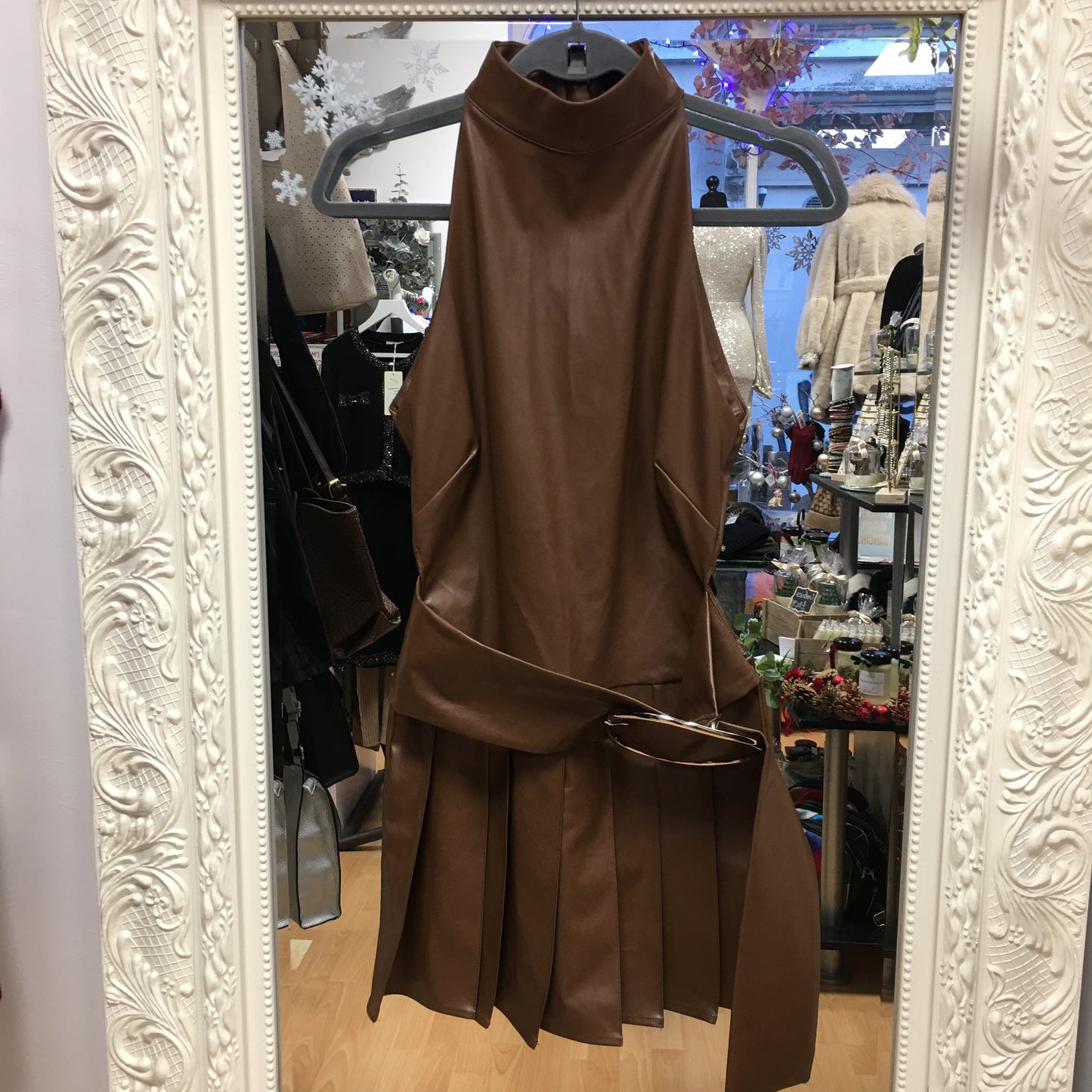 Murci Pleather Dress with Belt & Pleats