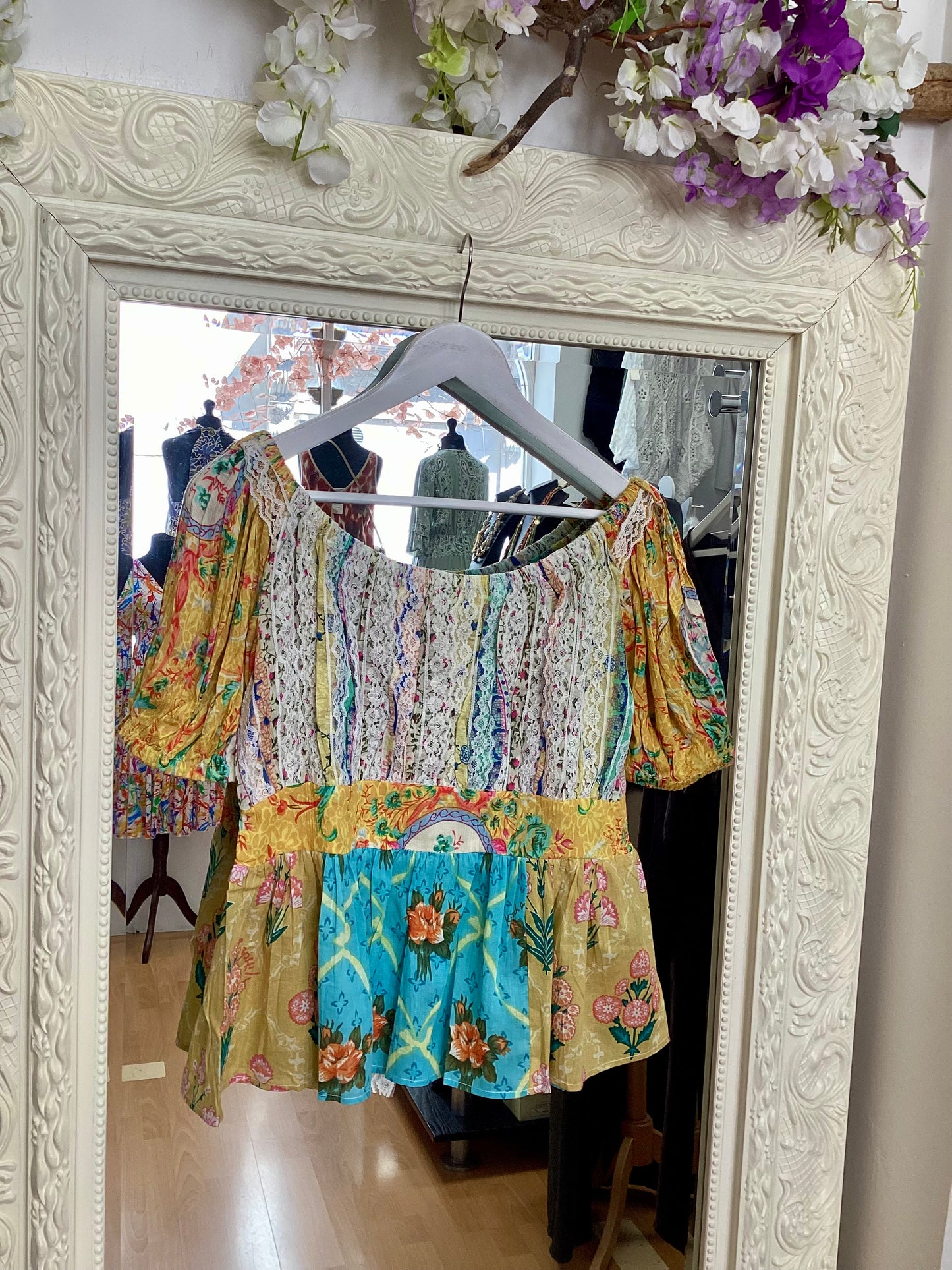 NJ Couture Beatnik Philosophy- Blue & Yellow Boho Lace Top size L NJC24