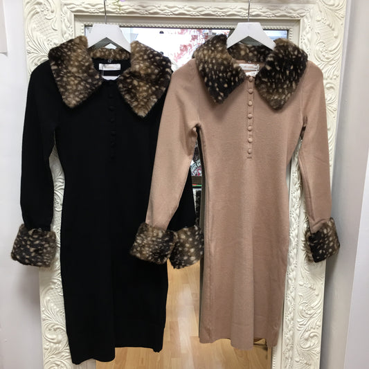 Bambi dress with detachable faux fur cuffs & collar