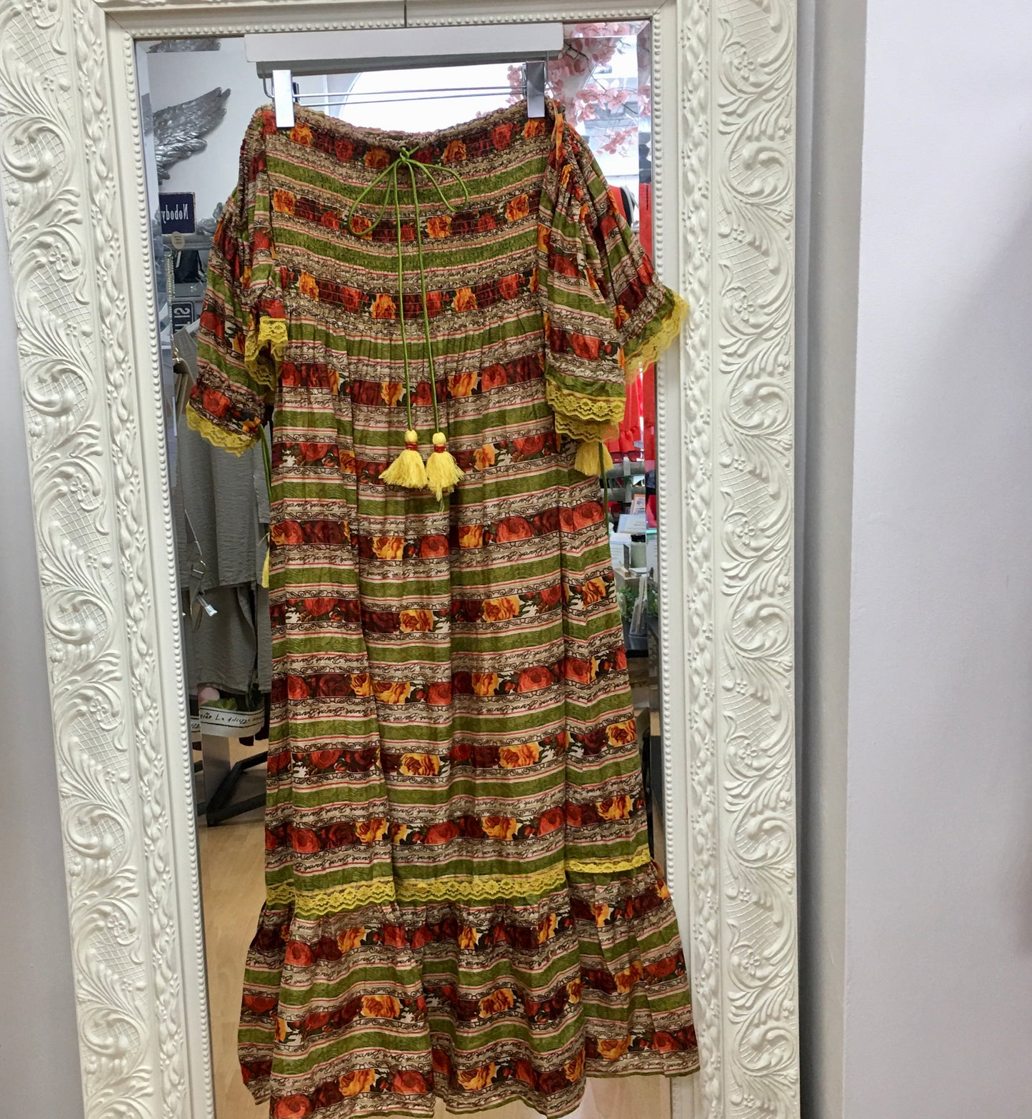 NJ Couture BAROK Striped Rose Print Off-the-Shoulder Smocked Boho Maxi Dress NJCB9