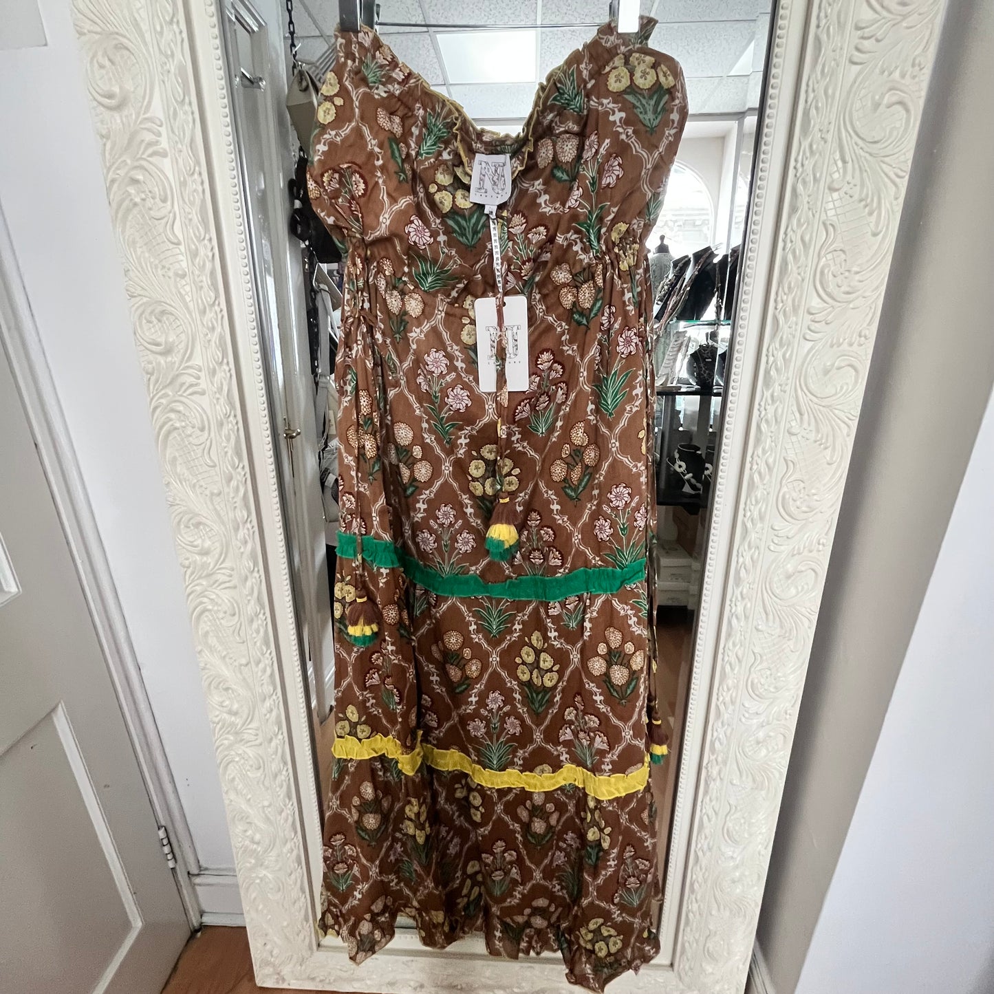 NJ Couture Chocolate Floral Tassel Maxi Dress L NJCB16