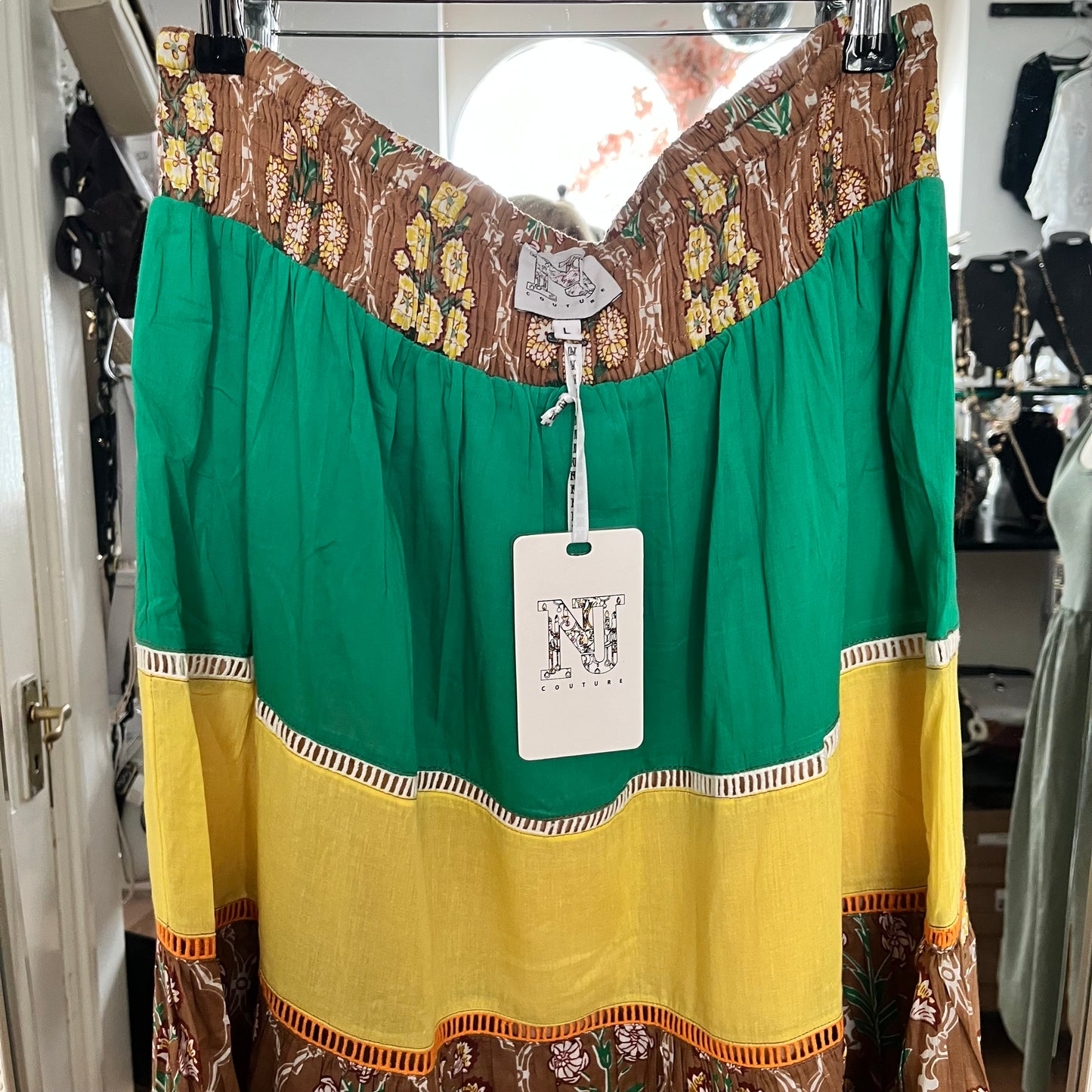 NJ Couture Green, Yellow & Chocolate Tiered Maxi Skirt – Size L NJCB20