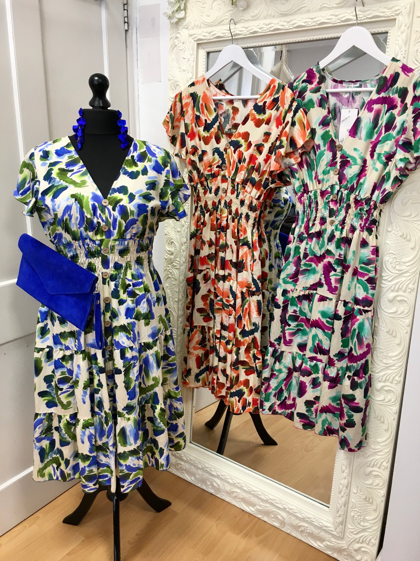 Faye abstract print bardot midi dress with shirred waist