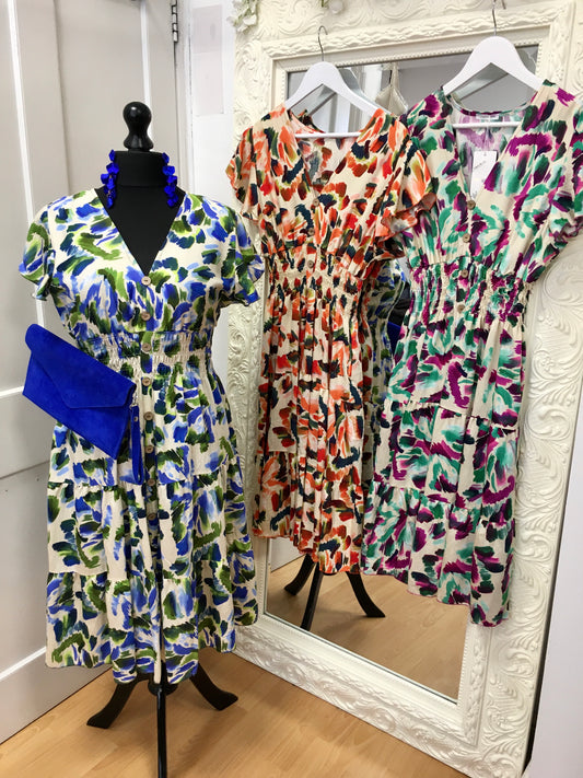 Faye abstract print bardot midi dress with shirred waist