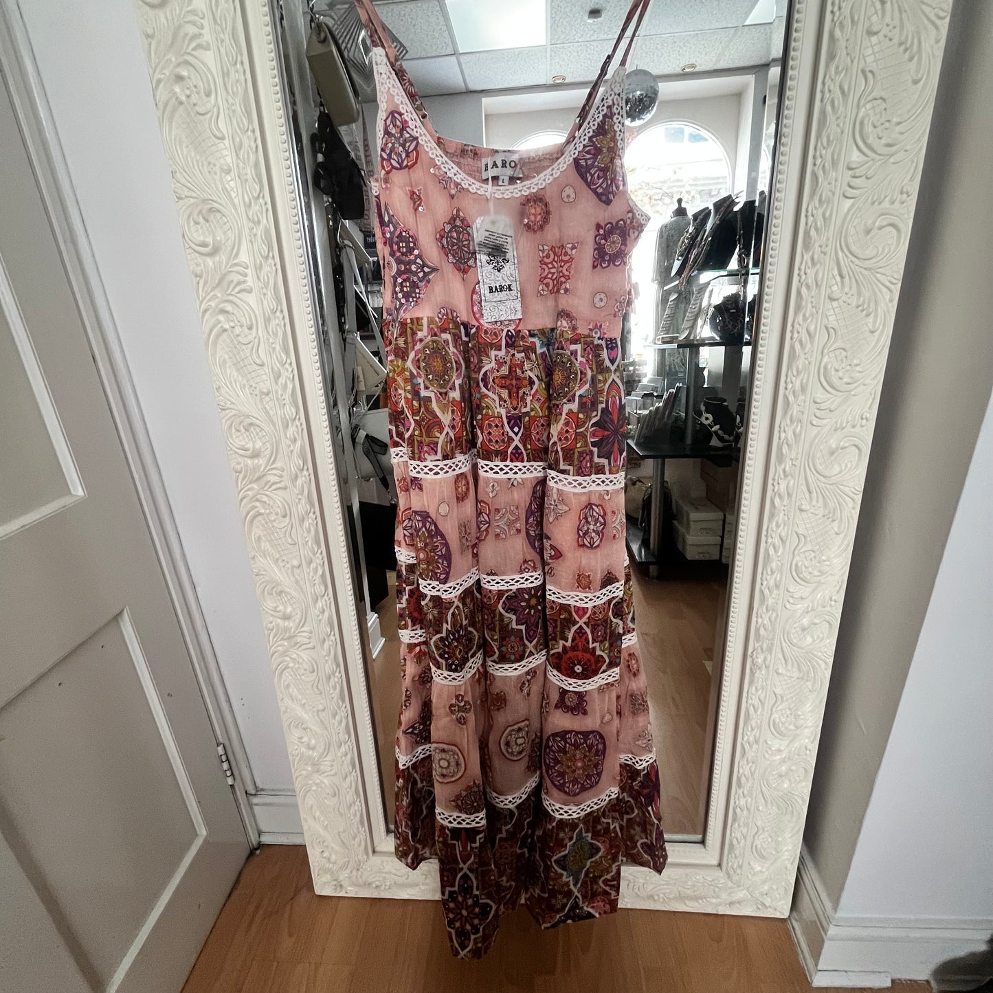 NJ Couture BAROK Blush Pink Boho Print Maxi Dress – Size L NJCB19