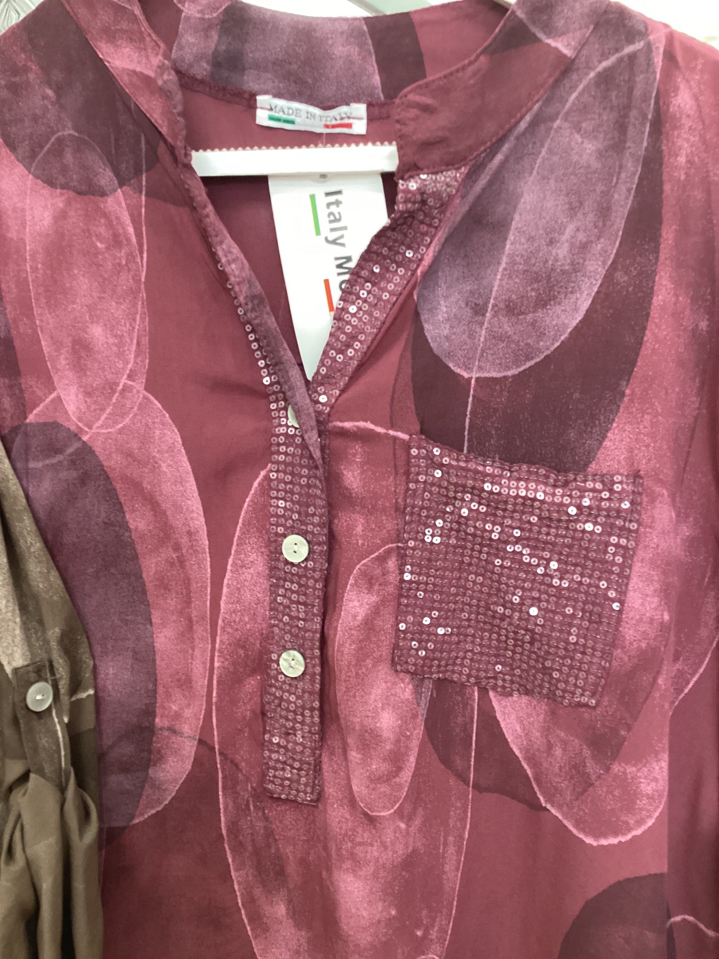 Rianna - Abstract Circle Print Blouse - Sequin Trim Pocket Tunic Top