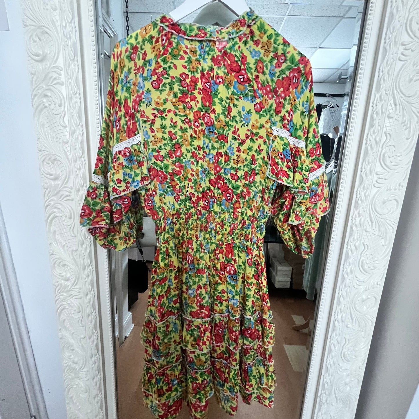 NJ Couture Lime Floral Tiered Midi Dress – Size S NJCB13