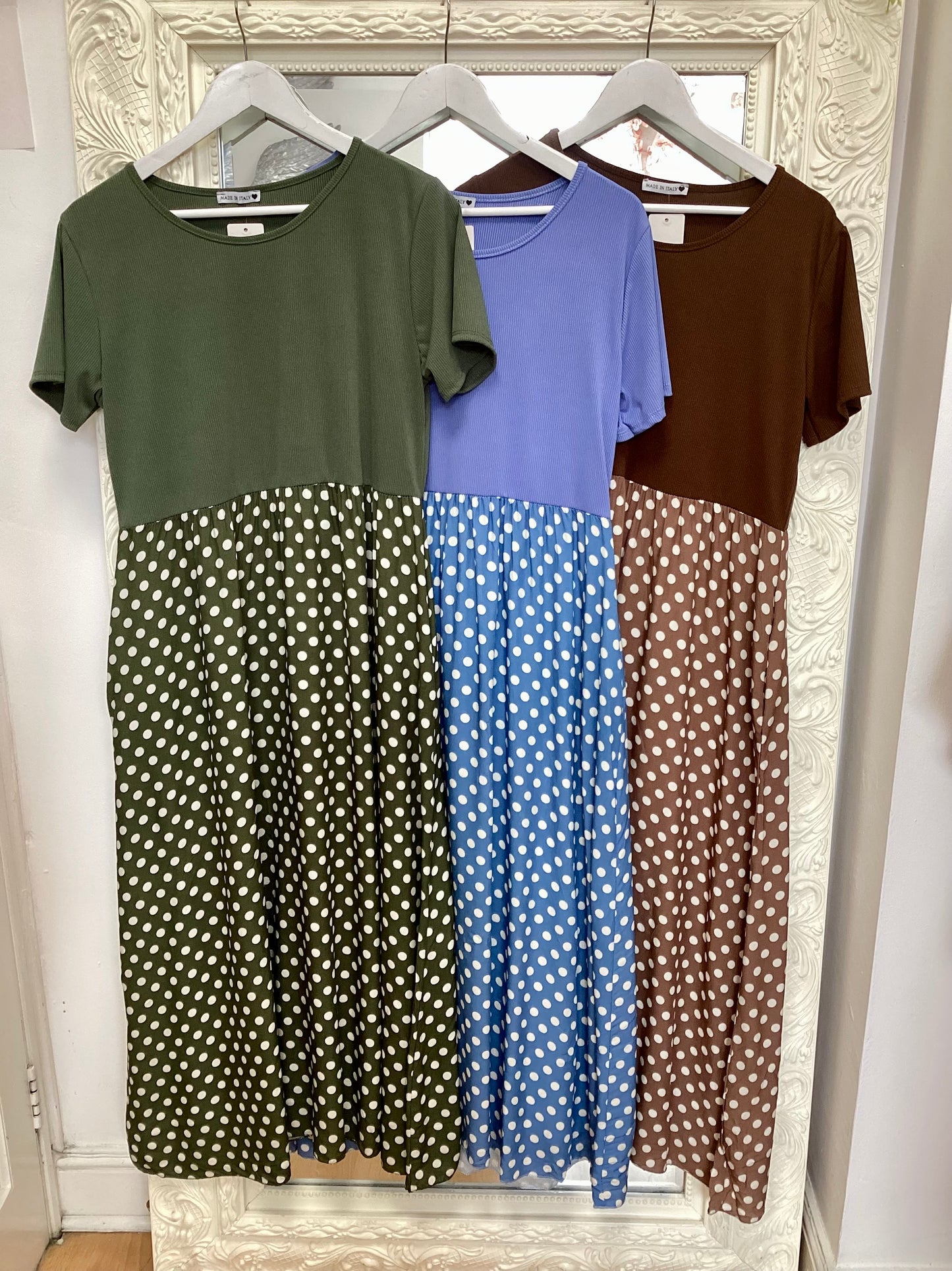 Poppy - Polka Dot Maxi Dress - Ribbed Knit Short Sleeve Gown dress