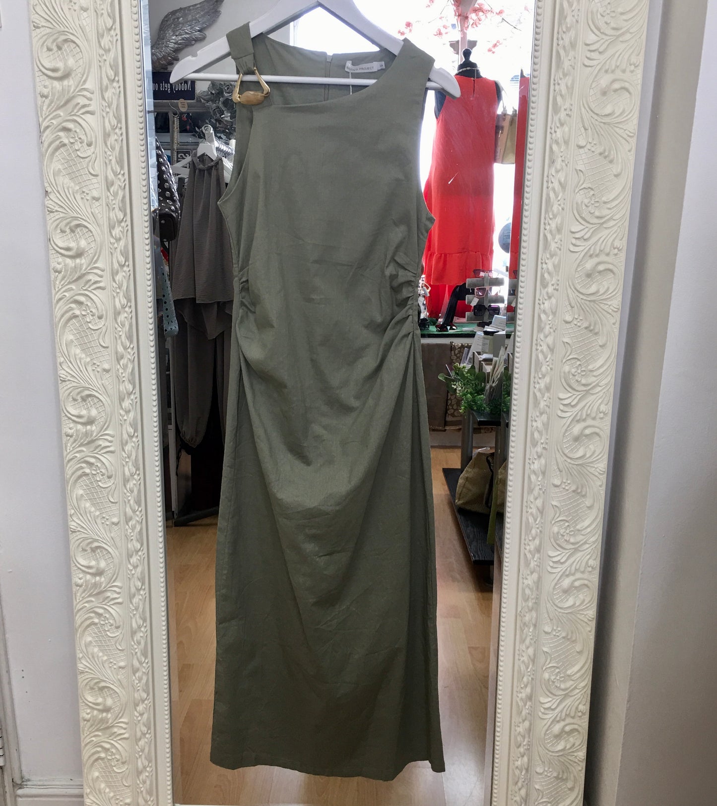 Portia  Asymmetric Ruched Midi Dress with Gold Ring Detail