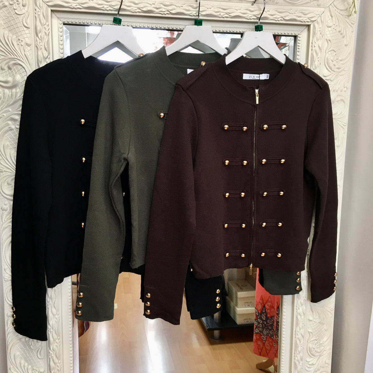 Evelyn zip up cardi/jacket with gold button detail