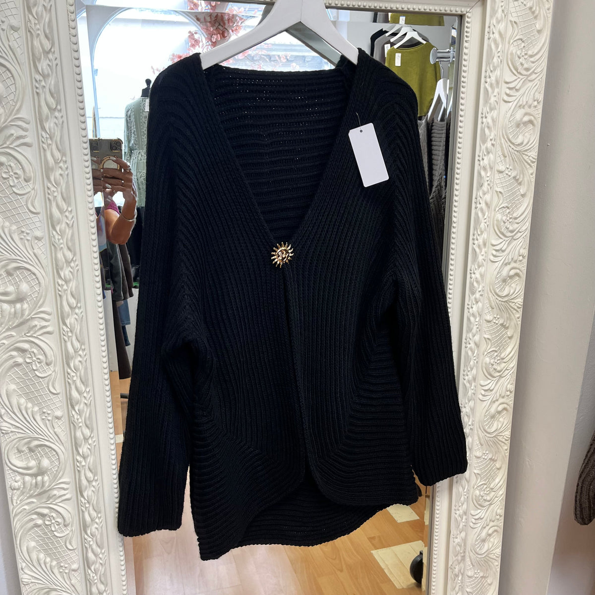 Tina - Statement Gold Brooch Clasp Knitted Cardigan – Fits 12-18 Cardi