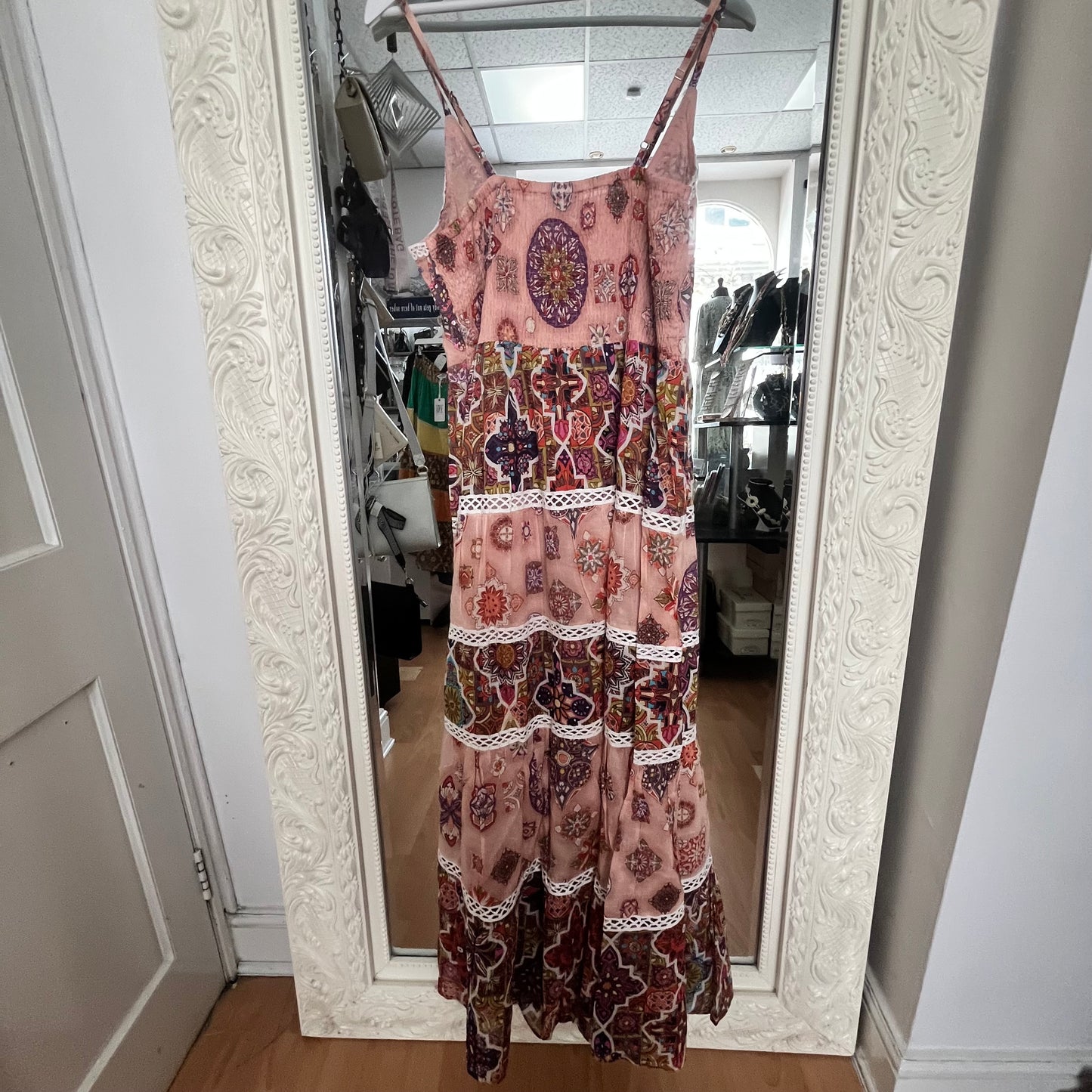 NJ Couture BAROK Blush Pink Boho Print Maxi Dress – Size L NJCB19