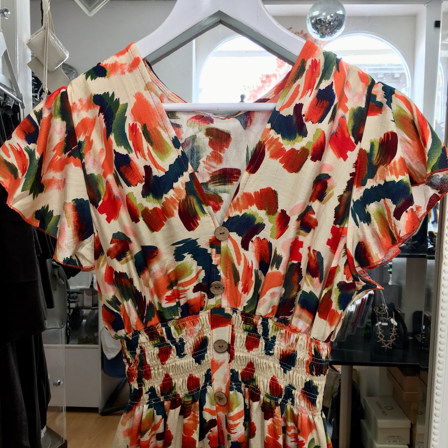 Faye abstract print bardot midi dress with shirred waist
