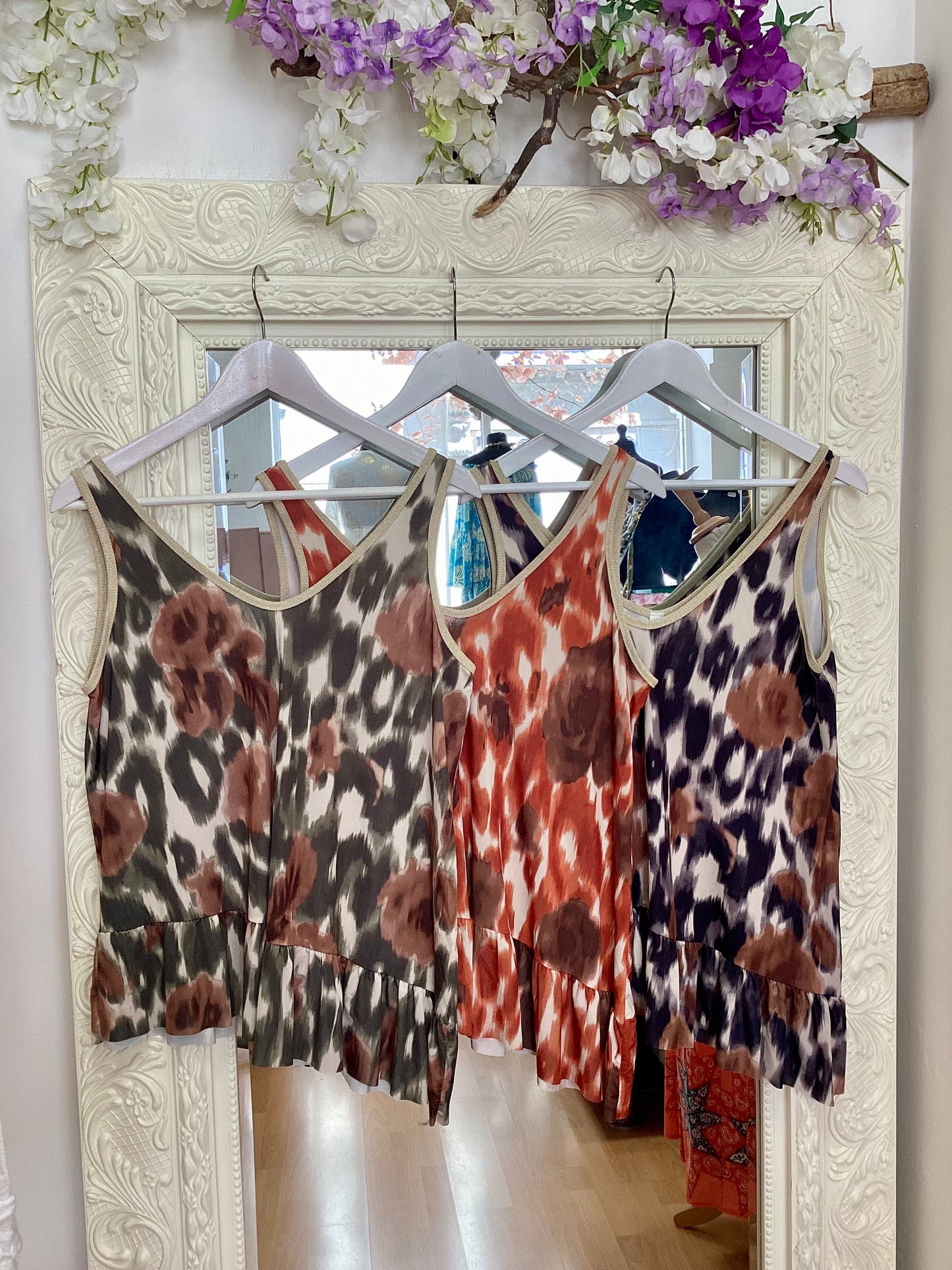 Kendall - Abstract Animal Print Peplum Camisole - Lightweight Ruffle Hem Vest asymmetric Top