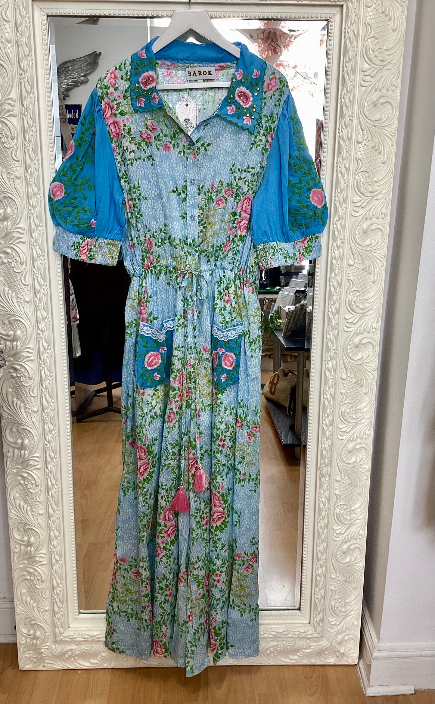 NJ Couture - Blue Floral Embroidered Wide Leg Jumpsuit size L NJCB22