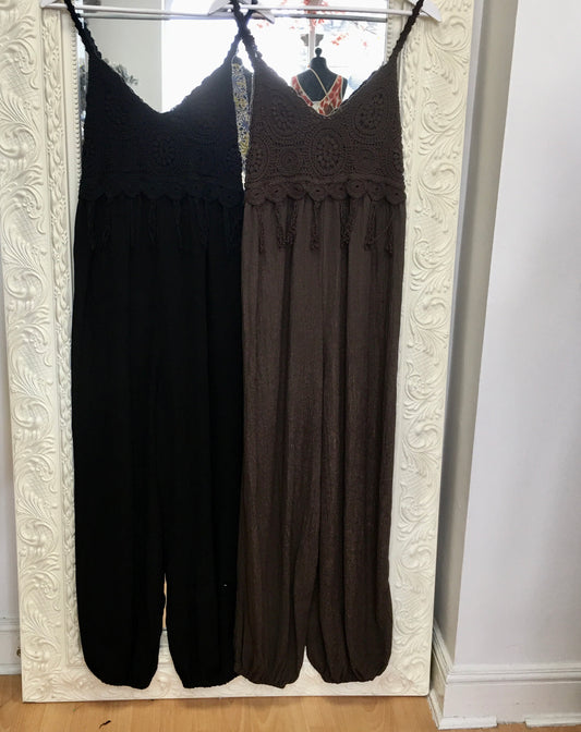 Cleo jumpsuit with crochet detail & cuffed trouser detail