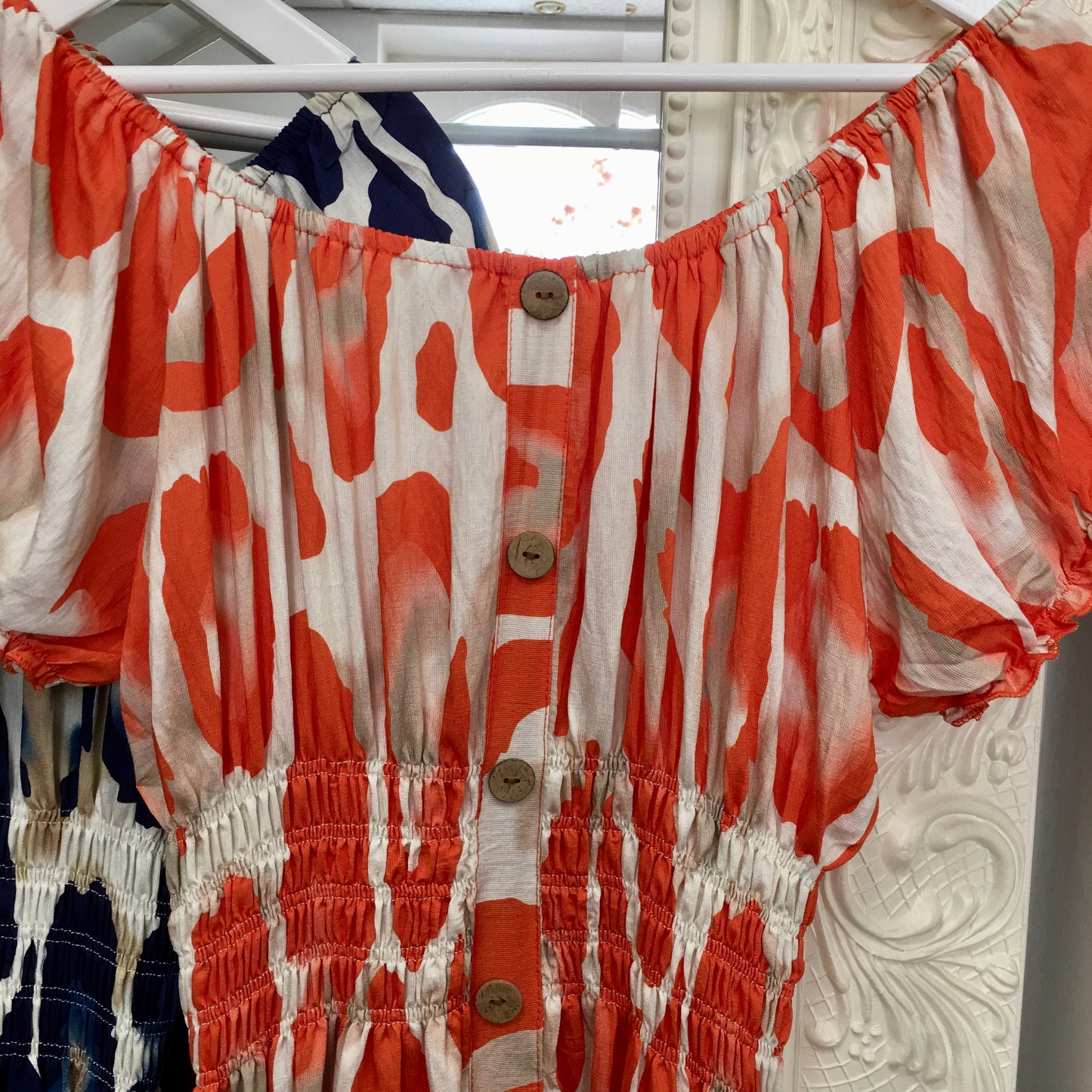 Jasmine Abstract Animal Print Smocked Midi Dress with Flutter Sleeve Bardot dress