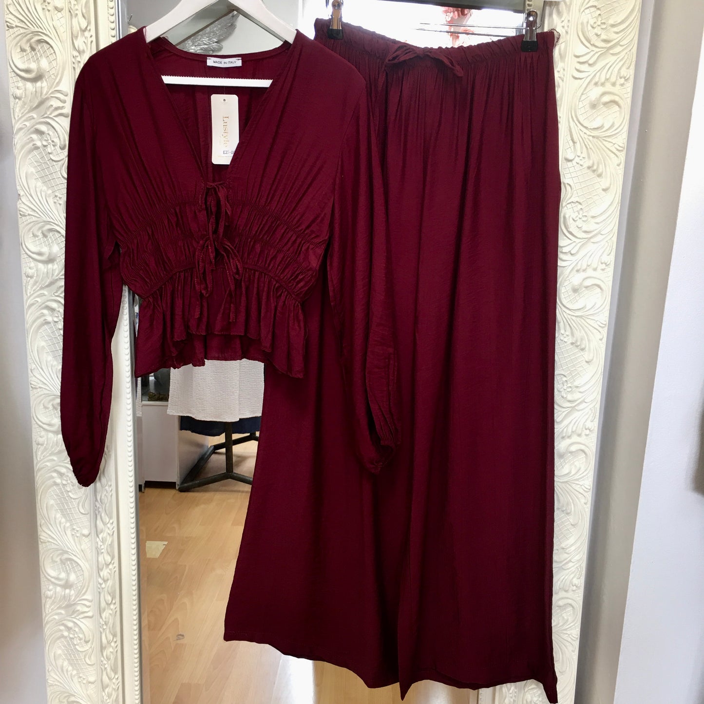 Shelly long sleeved co ord with elasticated front ruching & ties